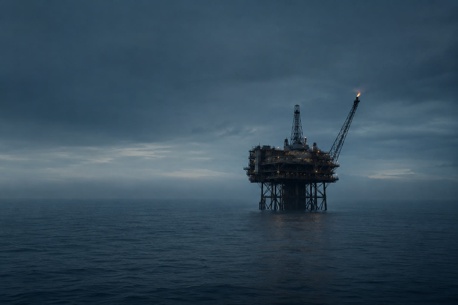 A lone offshore platform with its flare lit under a heavy dusk sky