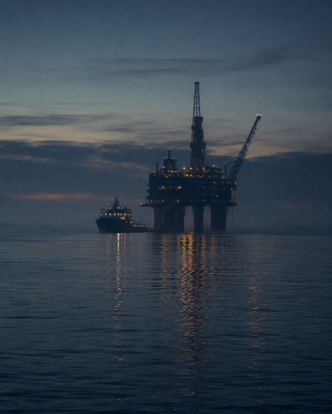 Production operations on an offshore platform at dusk